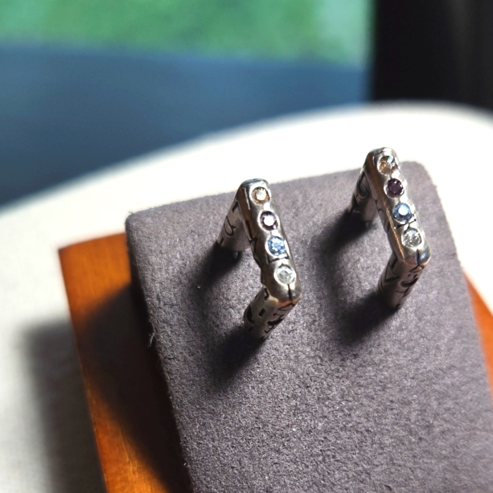 Sterling Silver Earrings Native American Symbols And Multicolor Crystals